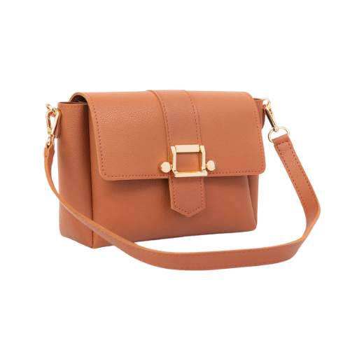 Brown Flap Handbag with Metallic Chain Strap