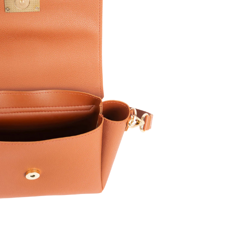 Brown Flap Handbag with Metallic Chain Strap