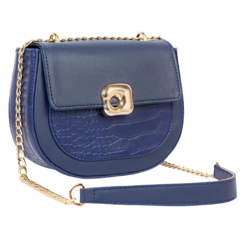 Navy Two Tone Rexine Handbag With Chain Strap